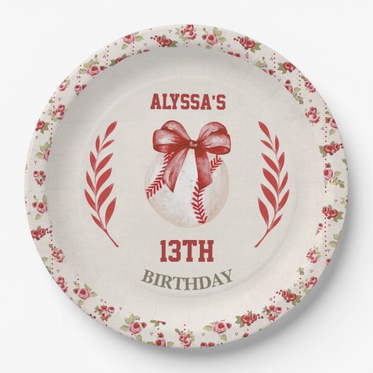 Coquette Baseball Red Bow Floral  Verjaardag Papieren Bordje (Voorkant)
