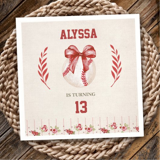 Coquette Baseball Red Bow Floral  Verjaardag Servet