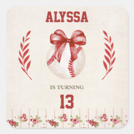 Coquette Baseball Red Bow Floral  Verjaardag Vierkante Sticker