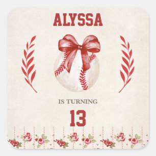 Coquette Baseball Red Bow Floral  Verjaardag Vierkante Sticker