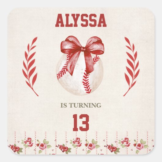 Coquette Baseball Red Bow Floral  Verjaardag Vierkante Sticker (Voorkant)
