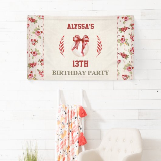 Coquette Baseball Rode Bow Bloemen  Banner (Insitu)