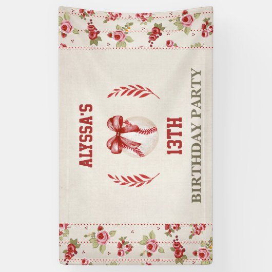 Coquette Baseball Rode Bow Bloemen  Banner (Verticaal)