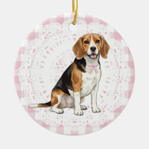 Coquette Beagle Hond Roze Gingham Strikjes Keramisch Ornament