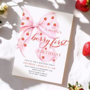 Coquette Berry Eerste Verjaardag Aardbei Uitnodigi Kaart