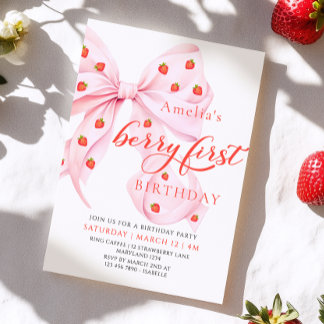 Coquette Berry Eerste Verjaardag Aardbei Uitnodigi Kaart