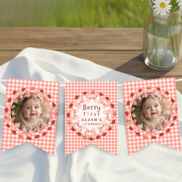 Coquette Berry Eerste Verjaardag Rode Gingham Foto Vlaggetjes