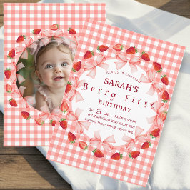 Coquette Berry Eerste Verjaardag Rood Gingham Foto Kaart