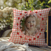 Coquette Berry Eerste Verjaardag Rood Gingham Foto Kussen