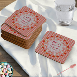 Coquette Berry Eerste Verjaardag Rood Gingham Kartonnen Onderzetters
