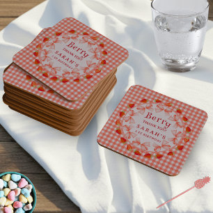 Coquette Berry Eerste Verjaardag Rood Gingham Kartonnen Onderzetters
