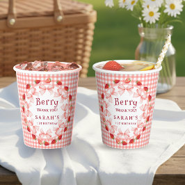 Coquette Berry Eerste Verjaardag Rood Gingham Papieren Bekers