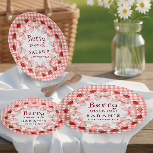 Coquette Berry Eerste Verjaardag Rood Gingham Papieren Bordje