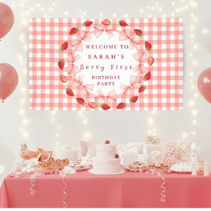 Coquette Berry Eerste Verjaardag Rood Gingham Spandoek