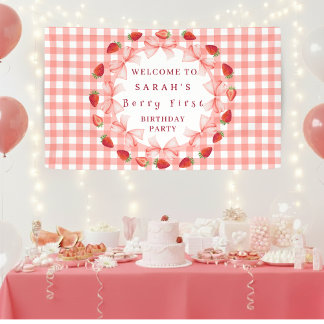 Coquette Berry Eerste Verjaardag Rood Gingham Spandoek