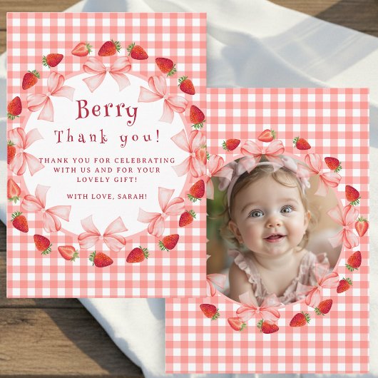 Coquette Berry First Birthday Red Gingham Photo Bedankkaart