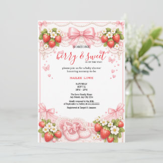 Coquette Berry Sweet Strawberry Baby Shower Pink Kaart
