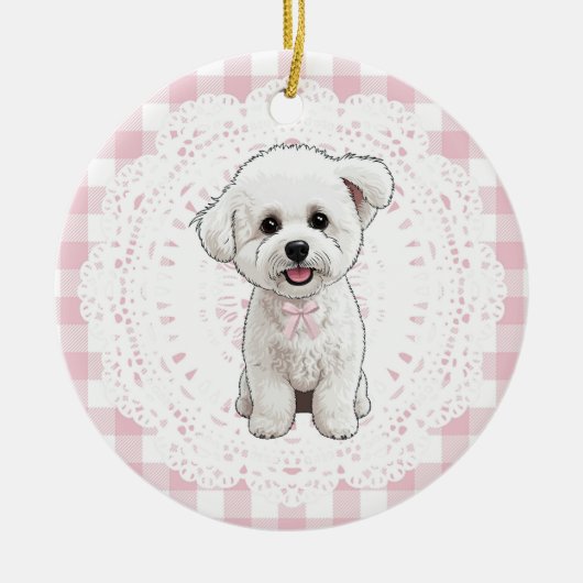 Coquette Bichon Frise Dog Pink Gingham Bows Keramisch Ornament (Voorkant)