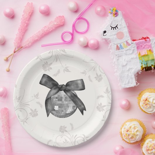 Coquette Black Bow & Disco Ball Elegante Verjaarda Papieren Bordje (Feest)