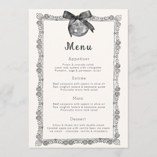 Coquette Black Bow & Disco Chic Verjaardag Menu (Voorkant)