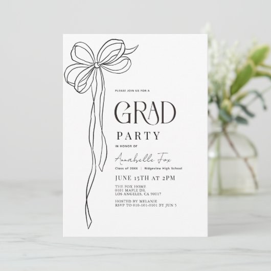 Coquette  Black Bow Ribbon Afstudeerfeest Kaart (Staand voorkant)