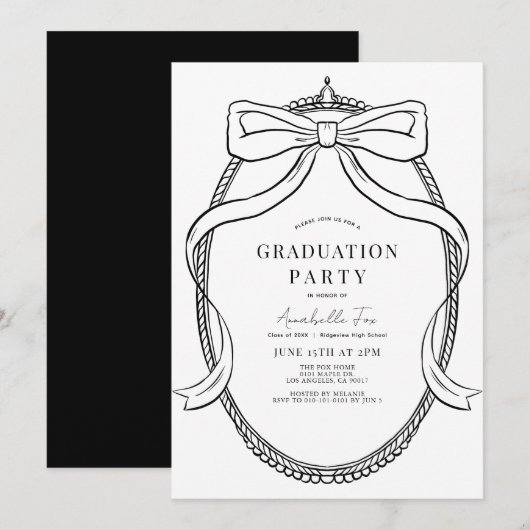 Coquette Black Bow Ribbon Lijst Afstudeerfeest Kaart (Voorkant / Achterkant)