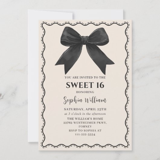 Coquette Black Bow Sweet 16 Verjaardag Uitnodiging (Voorkant)
