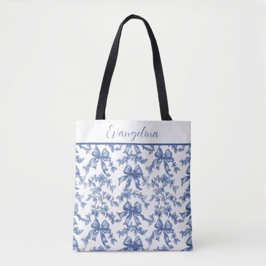 Coquette Blauw en Wit Toile Bruid Bachelorette Tote Bag (Voorkant)