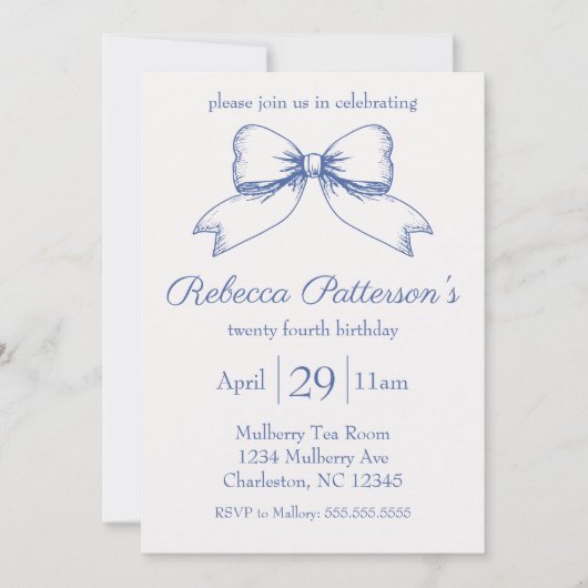 Coquette Blauw Lint Boog Vrouwelijk Feest Kaart (Voorkant)