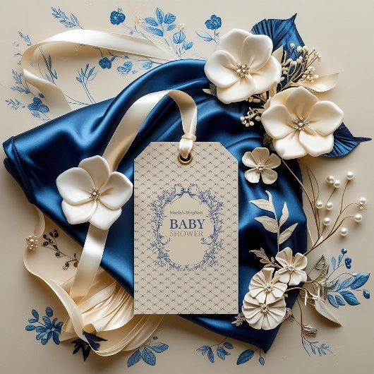  Coquette Blauwe Boog Bloemen Cadeaulabel