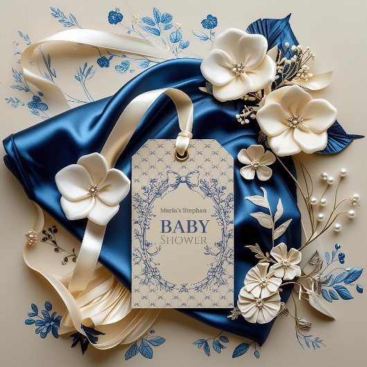 Coquette Blauwe Boog Bloemen Cadeaulabel