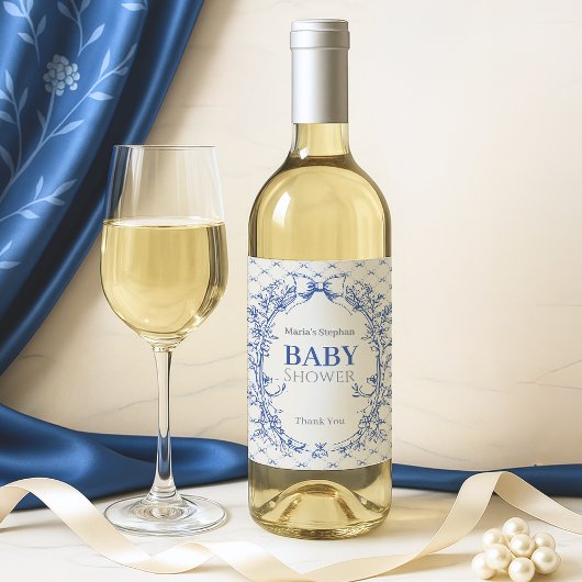 Coquette Blauwe Boog Bloemen Wijn Etiket