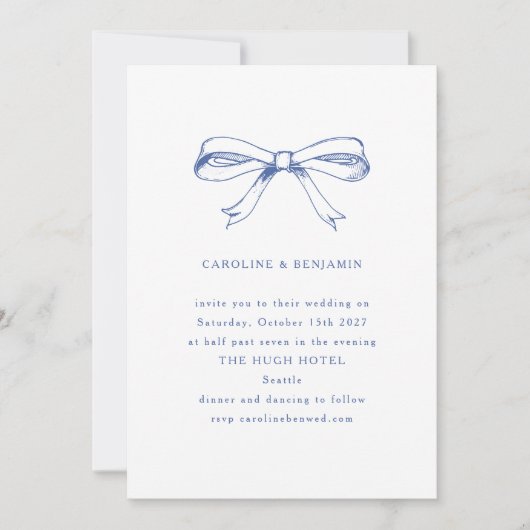  Coquette Blauwe Boog Minimalistische Bruiloft Kaart (Voorkant)