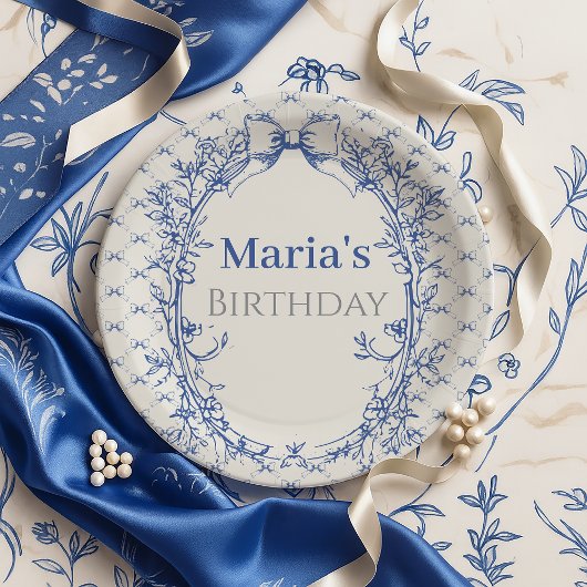 Coquette Blauwe Bow bloemenverjaardag Papieren Bordje