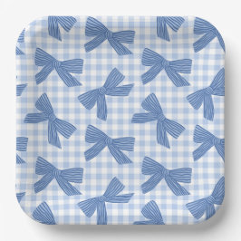 Coquette blauwe gingham en strikken papieren bordje