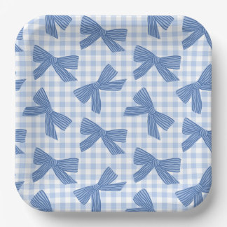 Coquette blauwe gingham en strikken papieren bordje