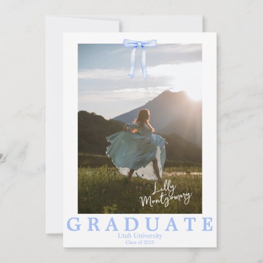 Coquette Blauwe Lint Foto Afstudeer Uitnodiging (Voorkant)