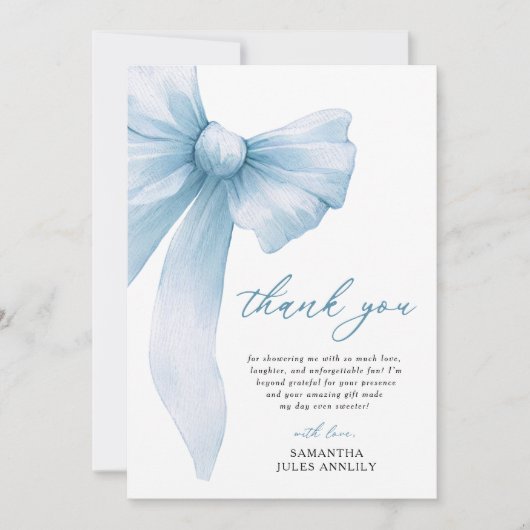 Coquette Blauwe Strik Bruidsfeest Bedankkaart (Voorkant)