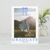 Coquette Blauwe Strik Foto Afstudeeraankondiging Kaart (Staand voorkant)
