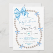 Coquette blauwe strik jongens baby shower uitnodig kaart (Voorkant)