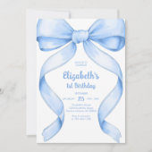 Coquette blauwe strik verjaardagsuitnodiging kaart (Voorkant)