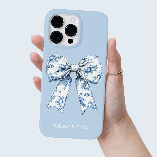 Coquette Blauwe Waterverf Toile Bow met Witte Naam Case-Mate iPhone Case