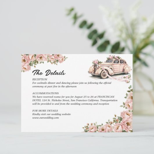 Coquette Bloemen Blush Roze bruiloft Details Informatiekaartje (Staand voorkant)