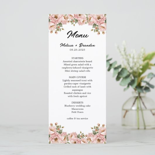 Coquette Bloemen Blush Roze Huwelijk Menu (Staand voorkant)