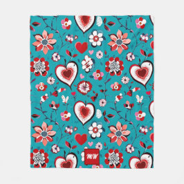 Coquette, bloemen en hart blauwgroen rood monogram fleece deken