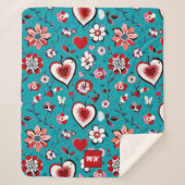 Coquette, bloemen en hart blauwgroen rood monogram sherpa deken (Voorkant)