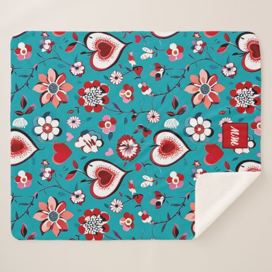 Coquette, bloemen en hart blauwgroen rood monogram sherpa deken (Voorkant (horizontaal))