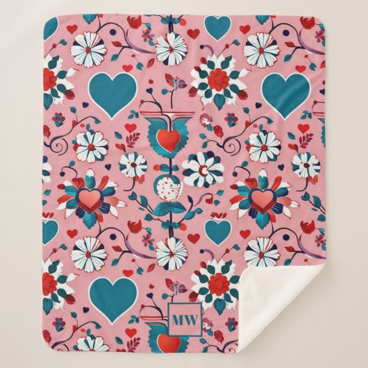 Coquette, bloemen en hart motief monogram sherpa deken (Voorkant)