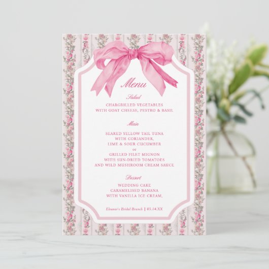 Coquette Bloemen Roze Bow Party Tafelmenu Kaart (Staand voorkant)
