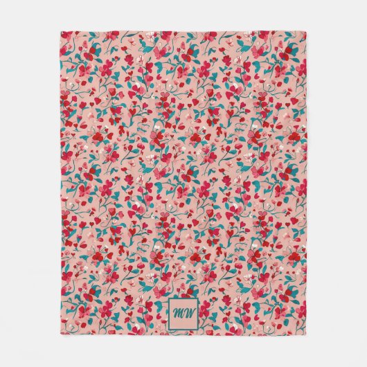 Coquette bloemenrood roze en blauwgroen monogram fleece deken (Voorkant)